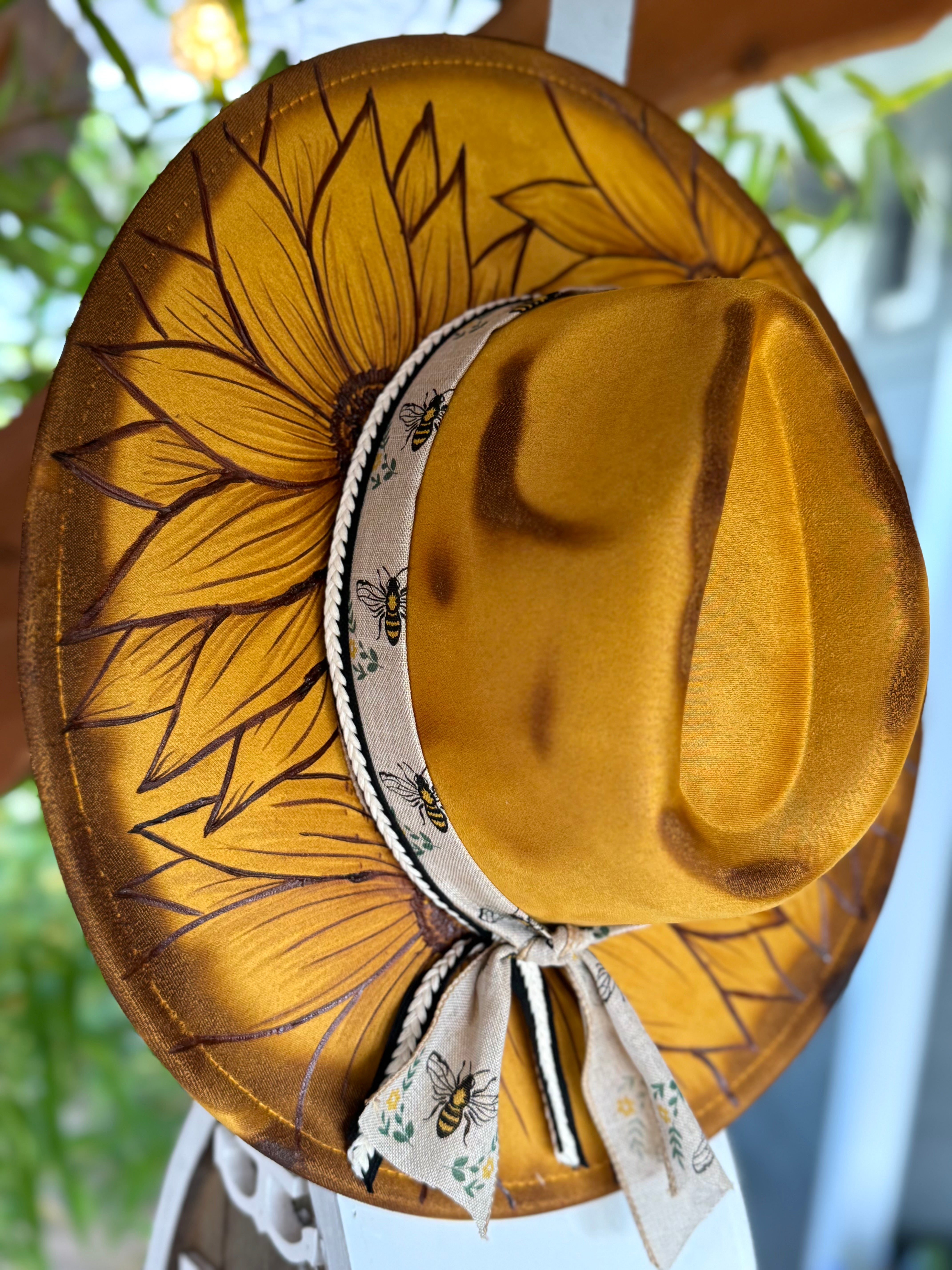 Hand Burned Yellow Suede Daffodil Fedora Hat Hand painted hats with mint burns main image 4
