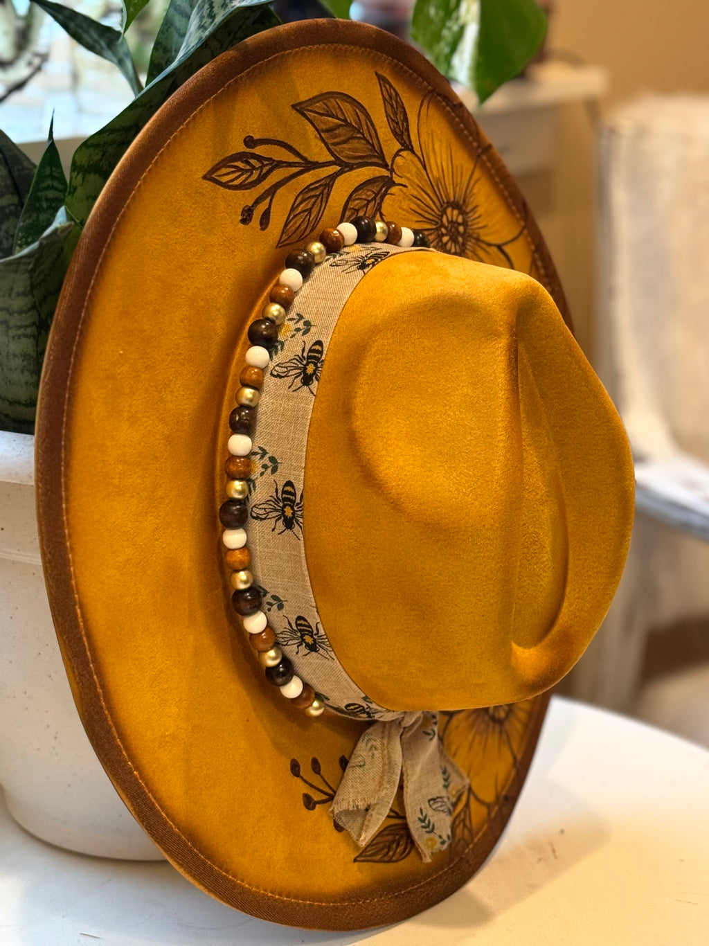 The Wild Honey – Burned Floral Western Hat with Neutral Beads