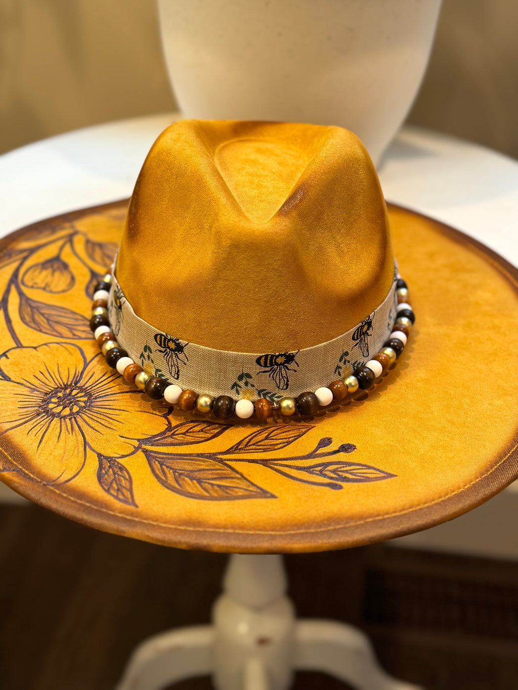 The Wild Honey – Burned Floral Western Hat with Neutral Beads