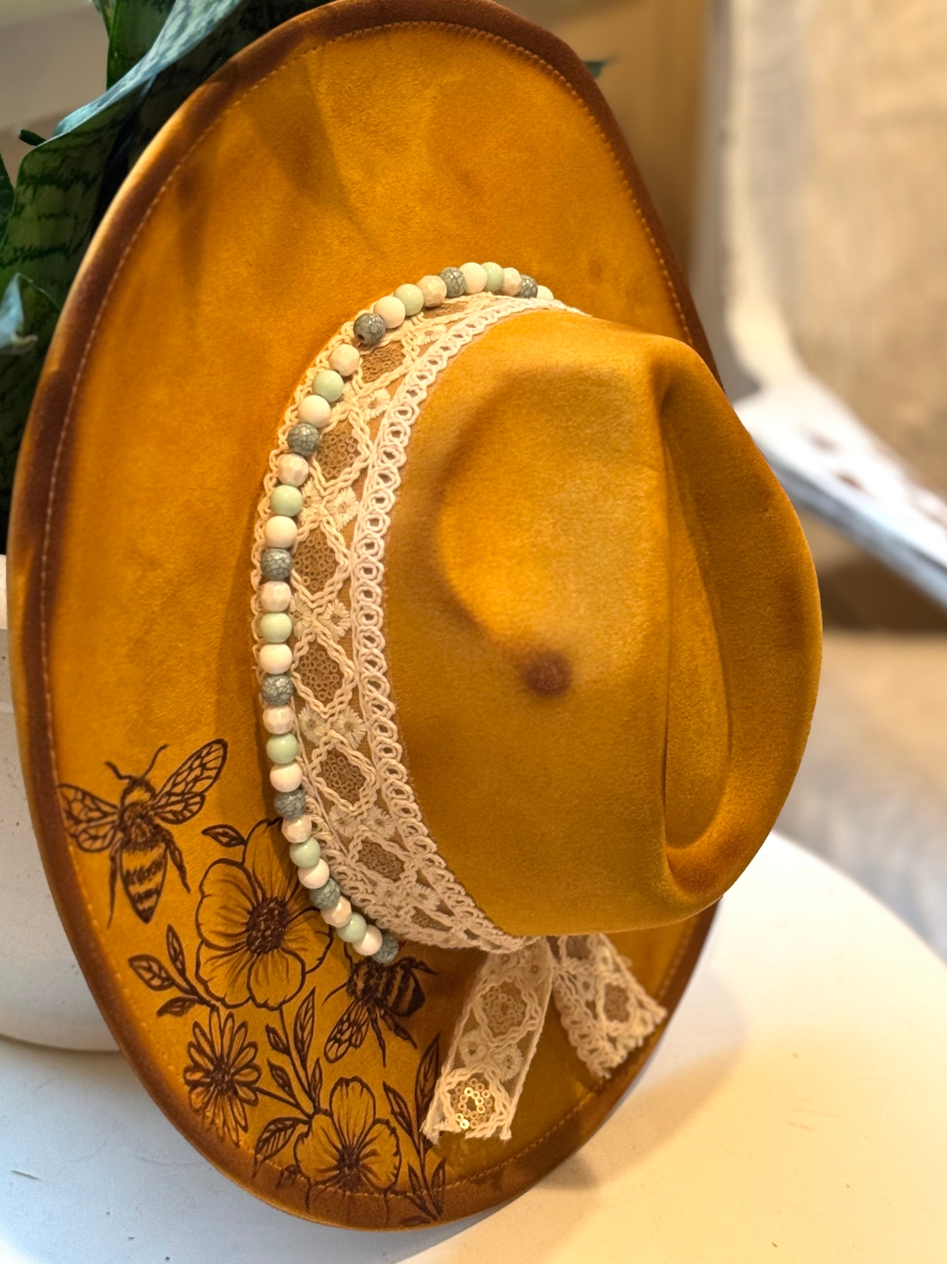 The Honey Blossom – Custom Burned Bee & Wildflower Festival Hat