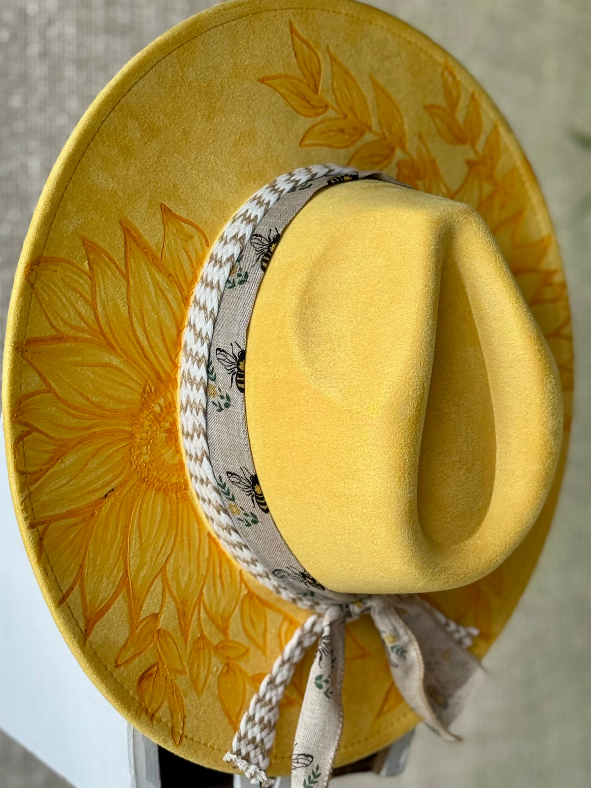 Floral Canvas Trilby/Fedora Hat in Beige Tan Black with Speckles of Gold Sunflower Bee Burned Hat, Floral Engraved Cowboy Hat  main image 4