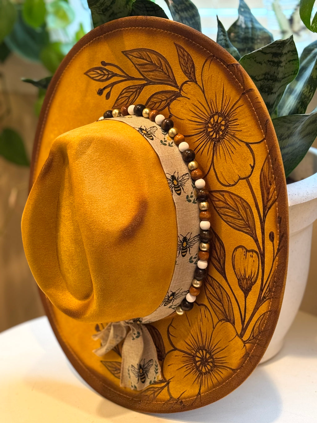The Wild Honey – Burned Floral Western Hat with Neutral Beads