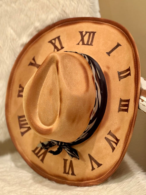 Vegan suede western hat with clock artwork burned into hat by Honeybee Hat Co.