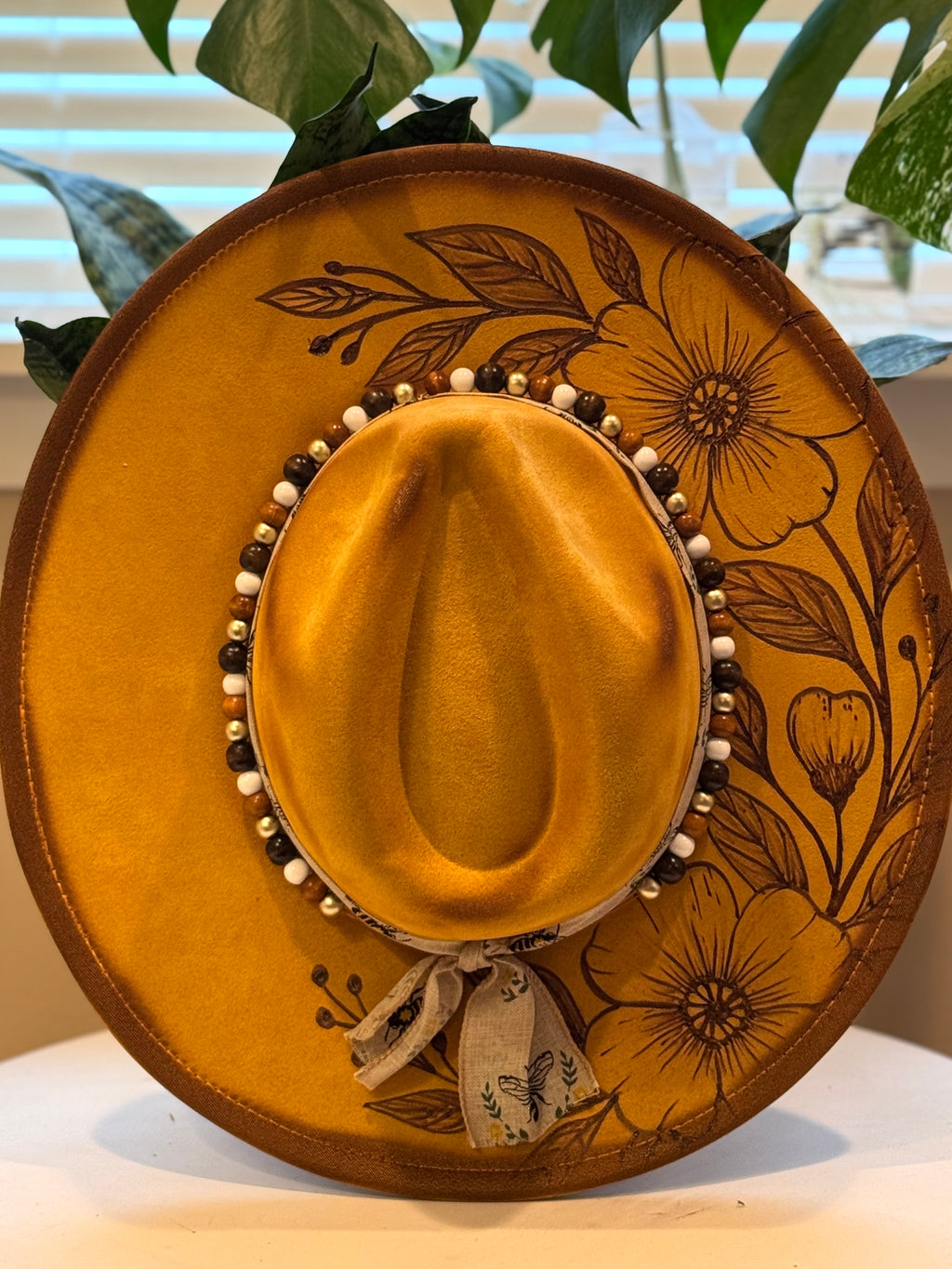 The Wild Honey – Burned Floral Western Hat with Neutral Beads