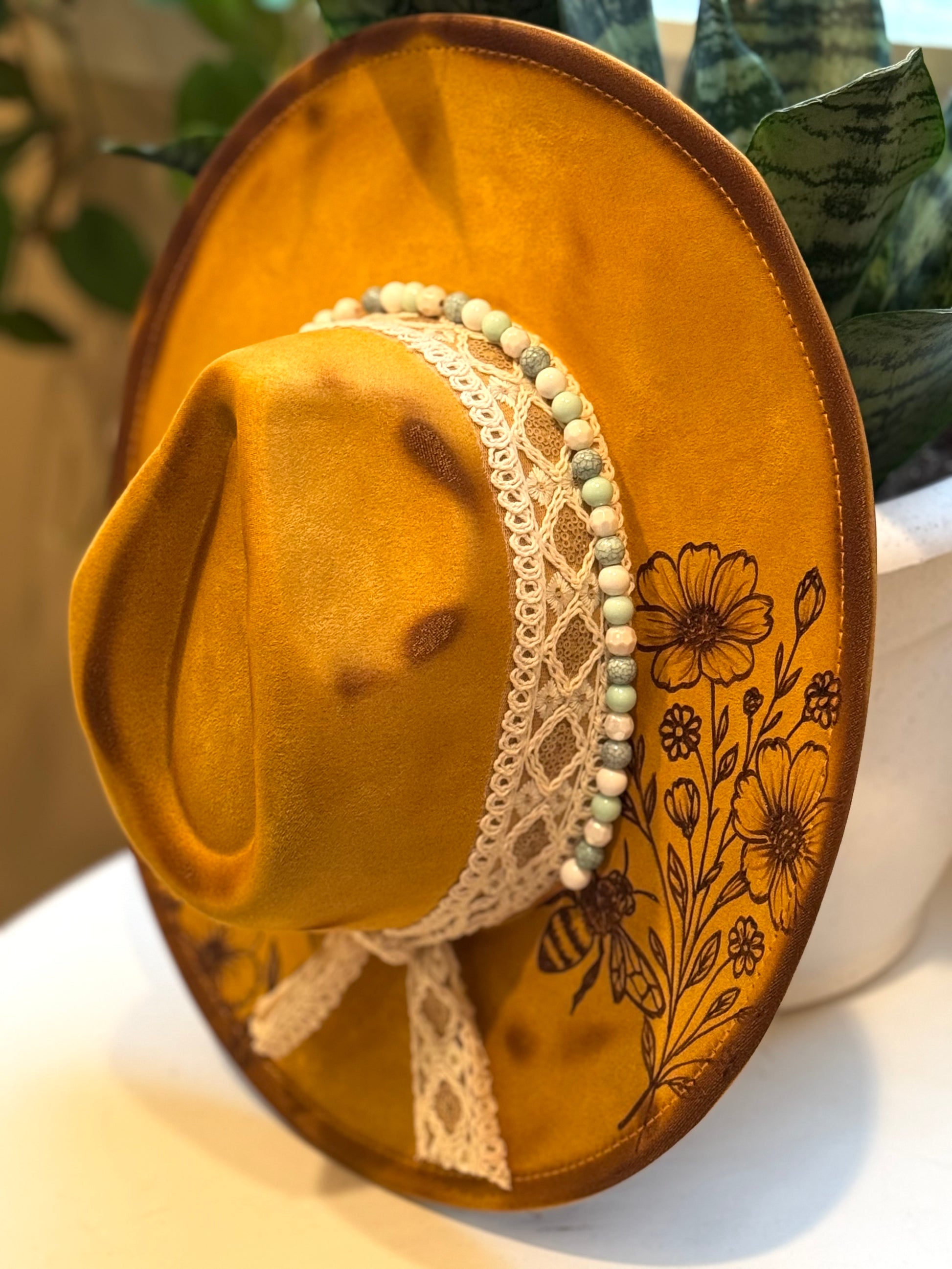 The Honey Blossom – Custom Burned Bee & Wildflower Festival Hat